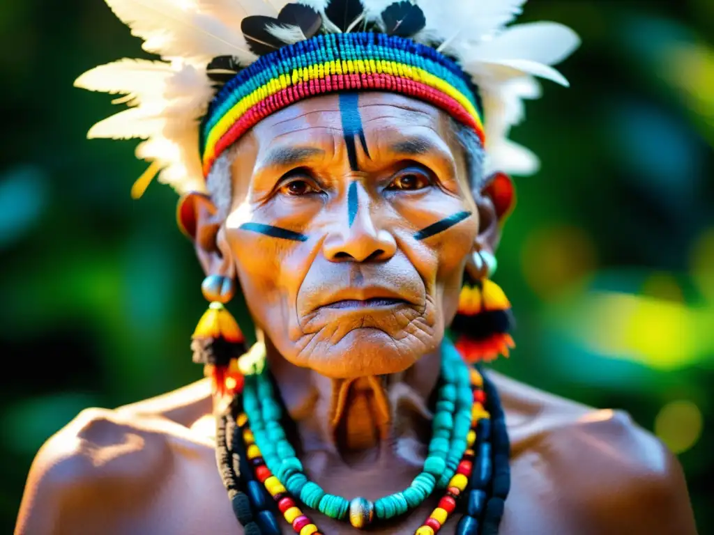 Un chamán amazónico con un collar de protección de plumas y semillas