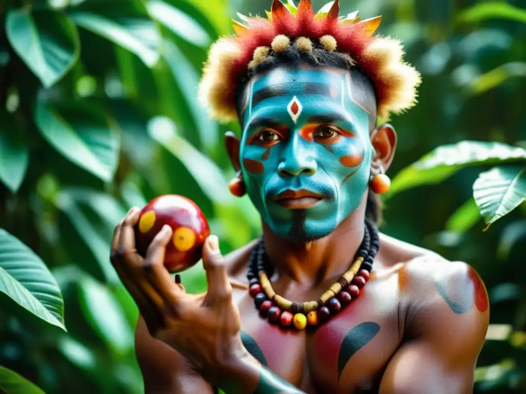 Un chamán amazónico con un fruto de camu camu, rodeado de exuberante vegetación