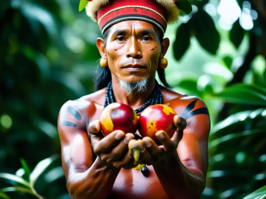 Un chamán amazónico sostiene un fruto de camu camu, revelando usos místicos en rituales amazónicos