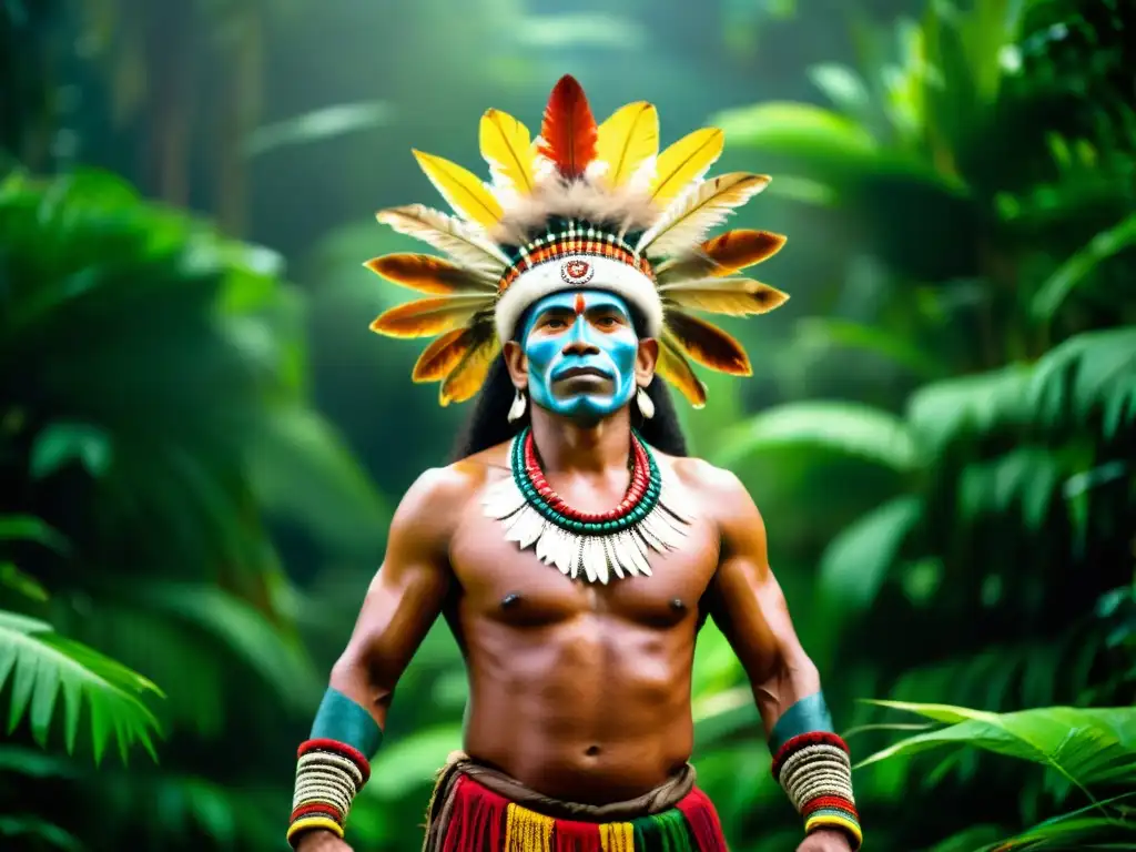 Un chamán amazónico en pleno ritual de danza entre exuberante vegetación, evocando rituales amazónicos a través de leyendas