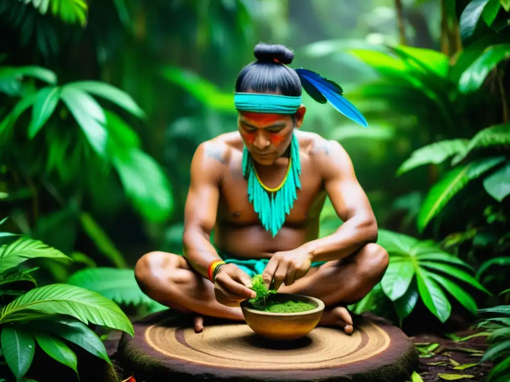 Un chamán amazónico prepara una receta ritual indígena en la exuberante selva, evocando reverencia y riqueza cultural