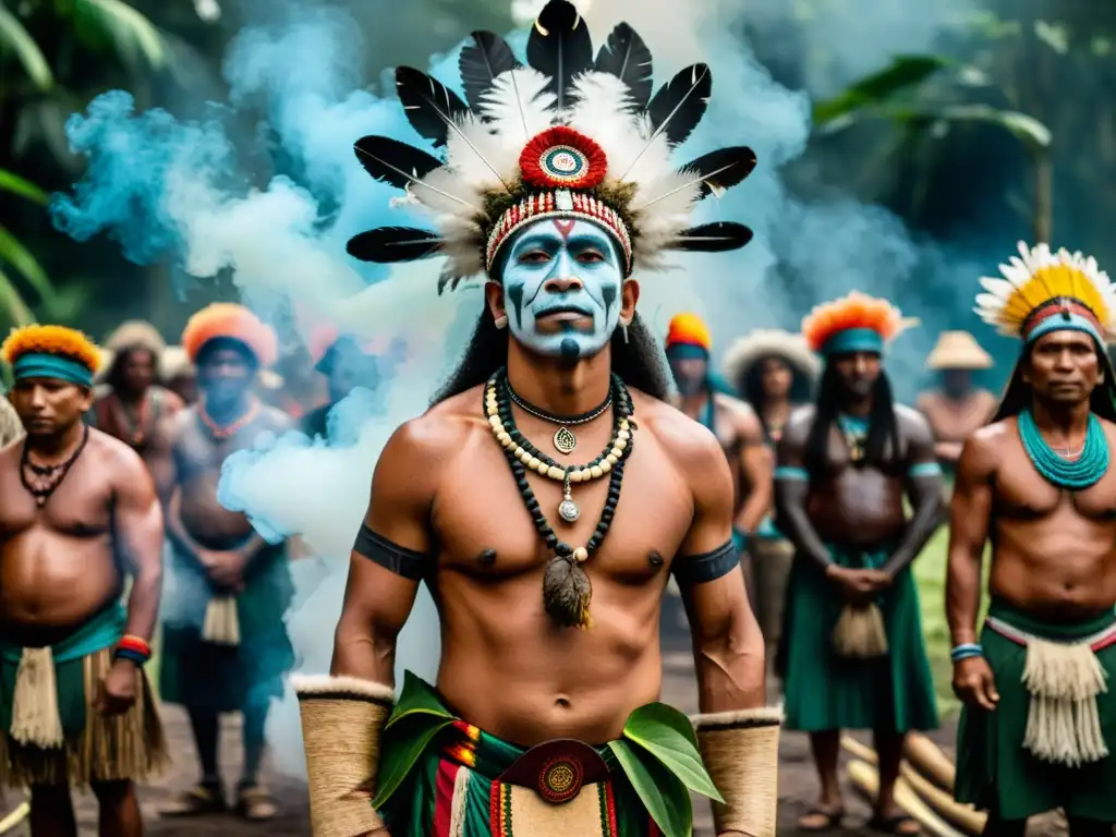 Un chamán amazónico lidera un ritual de purificación entre humo y participantes con marcas tribales y plumas