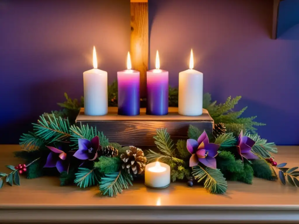 Un ambiente acogedor iluminado por velas moradas, con una corona de Adviento, Biblia y cruz de madera