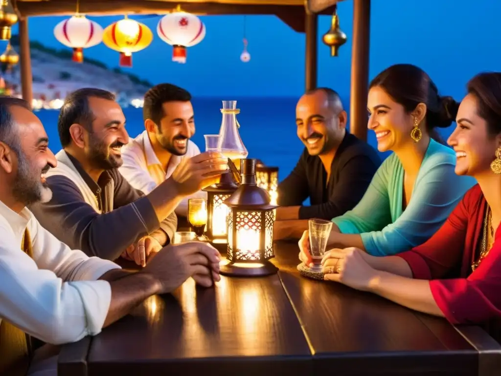 Amigos turcos comparten el ritual del raki alrededor de una mesa, envueltos en colores vibrantes y risas