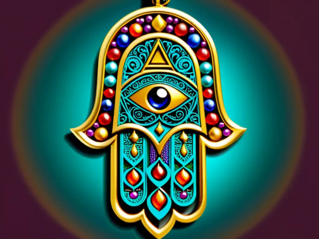 Un amuleto Hamsa con vibrantes colores y detalles intrincados, reflejando la rica cultura de los amuletos de suerte en el Medio Oriente