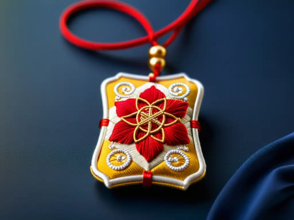 Un amuleto omamori japonés rojo y dorado, detalladamente bordado, colgando de un cordón de seda