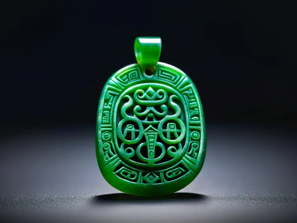 Amuleto maya de jade verde con intrincados grabados representando protección y espiritualidad