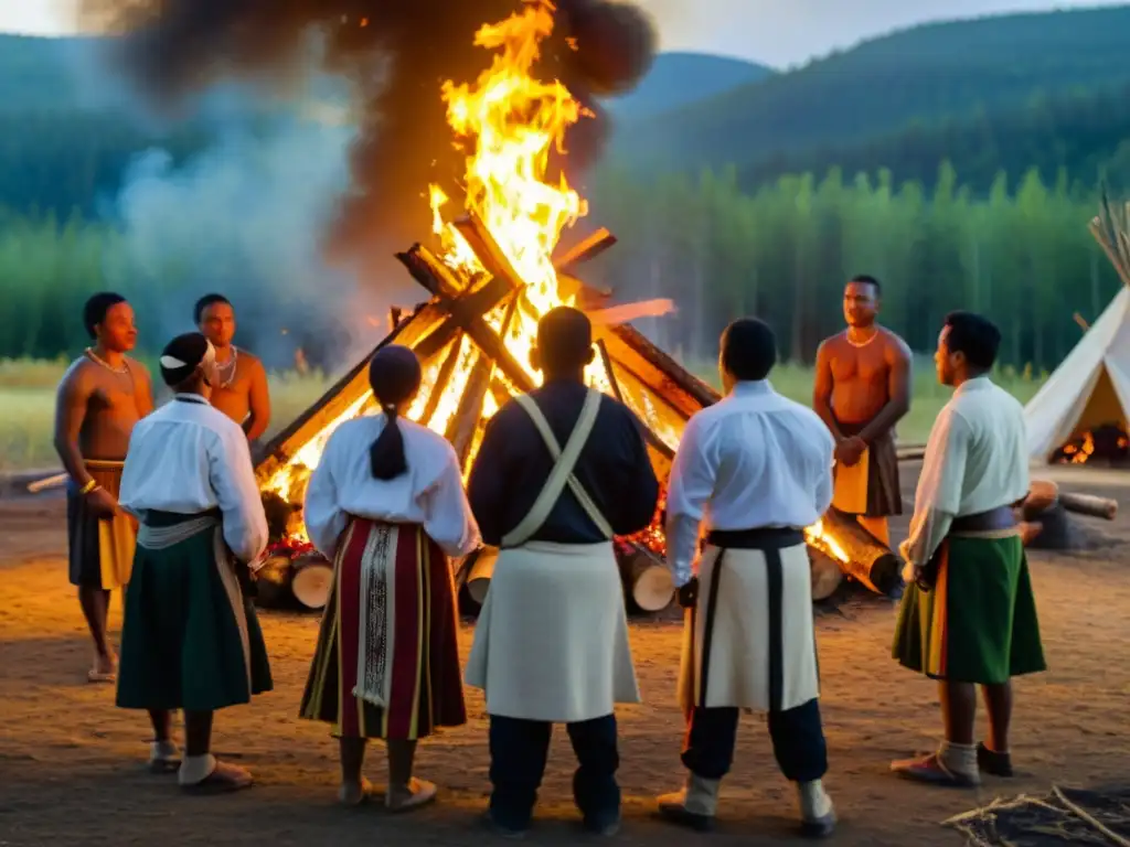 Veneración de ancestros en rituales: Grupo en trajes tradicionales alrededor de fogata en el bosque, honrando a sus antepasados