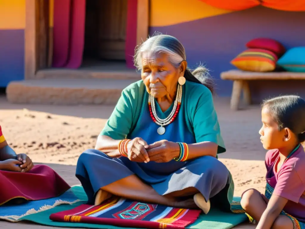 Una anciana artesana indígena teje creaciones artesanales rituales indígenas mientras enseña a niños, con textiles y joyería vibrante a su alrededor