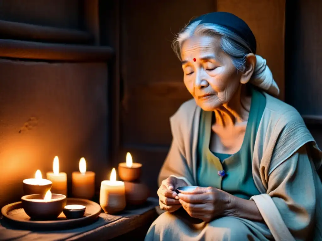 Una anciana en una habitación iluminada por velas y con incienso