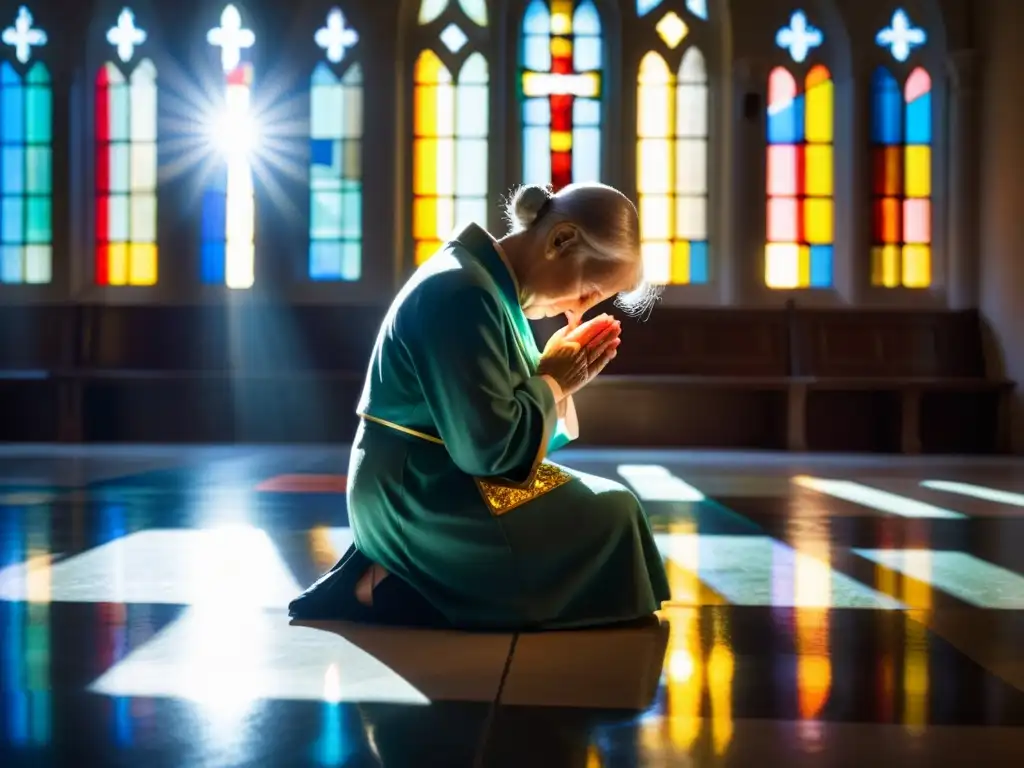 Una anciana recibe la unción en una iglesia iluminada por vidrieras