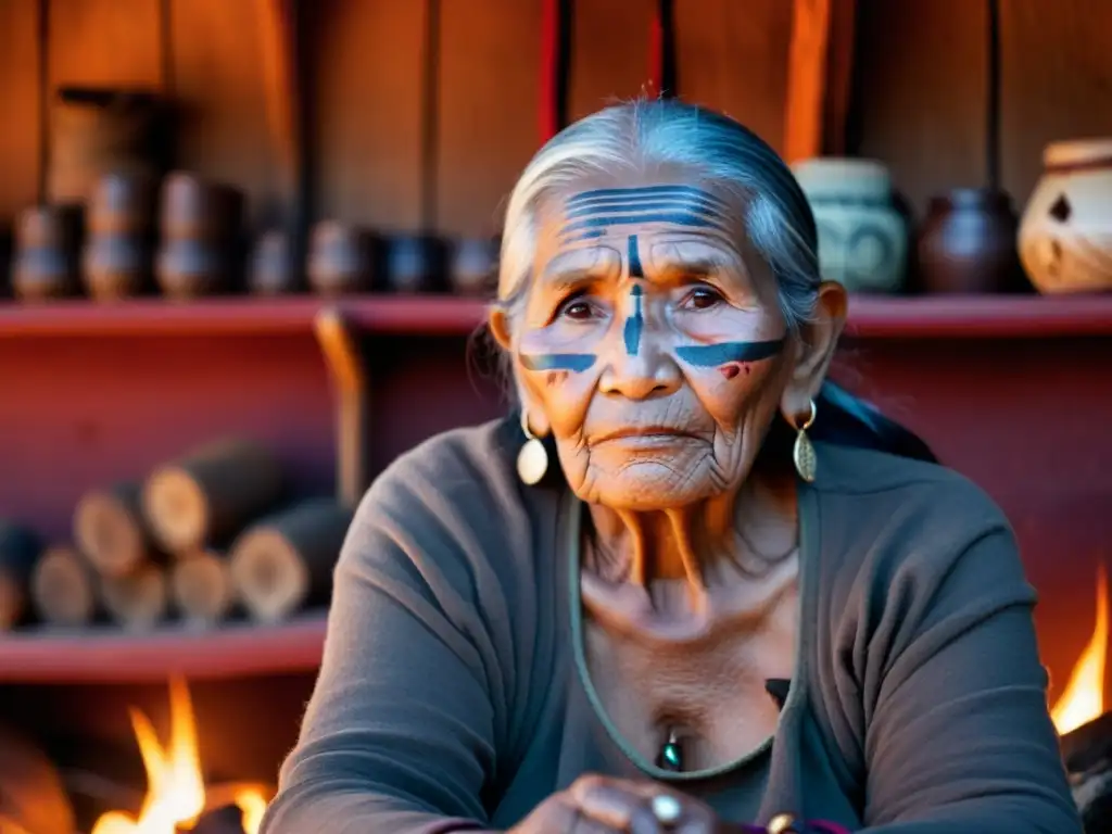 Una anciana indígena preserva antiguos rituales mientras teje, rodeada de artefactos rituales en una cabaña iluminada por el fuego