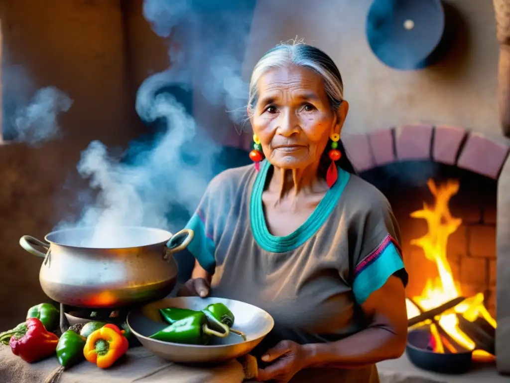 Una anciana indígena comparte recetas rituales indígenas junto a una olla humeante y coloridos ingredientes exóticos