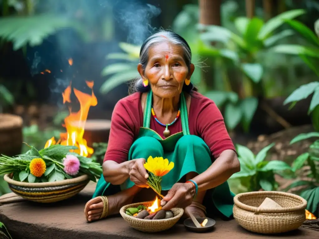 Una anciana indígena, rodeada de hierbas y cestas tejidas, tritura plantas junto al fuego en la selva