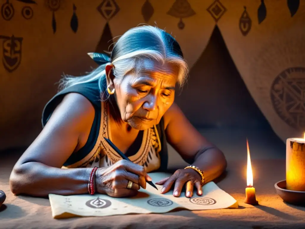 Una anciana indígena transcribe símbolos en un pergamino, iluminada por una vela, en una habitación llena de objetos rituales