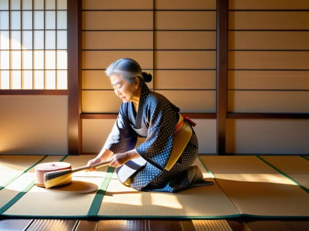 Una anciana japonesa en kimono tradicional barre con reverencia en un espacio sereno