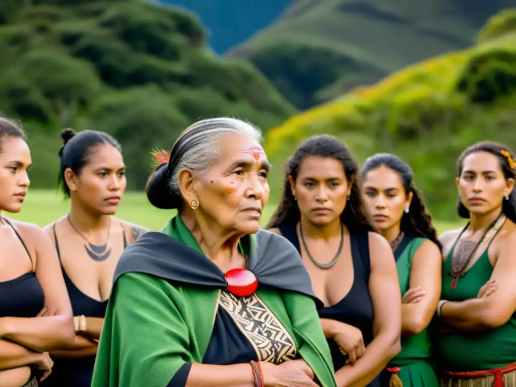 Una anciana maorí comparte sabiduría con mujeres jóvenes en un entorno natural