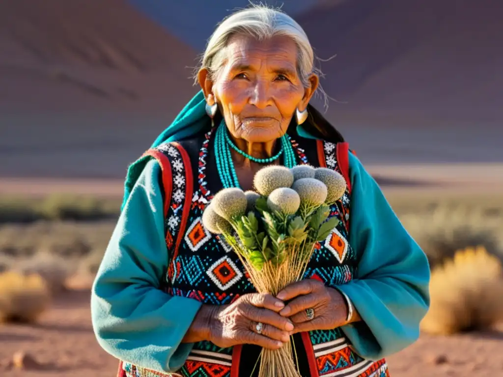 Una anciana mujer Lickanantay realiza rituales de purificación en el vasto desierto de Atacama, rodeada de montañas áridas y cielos despejados