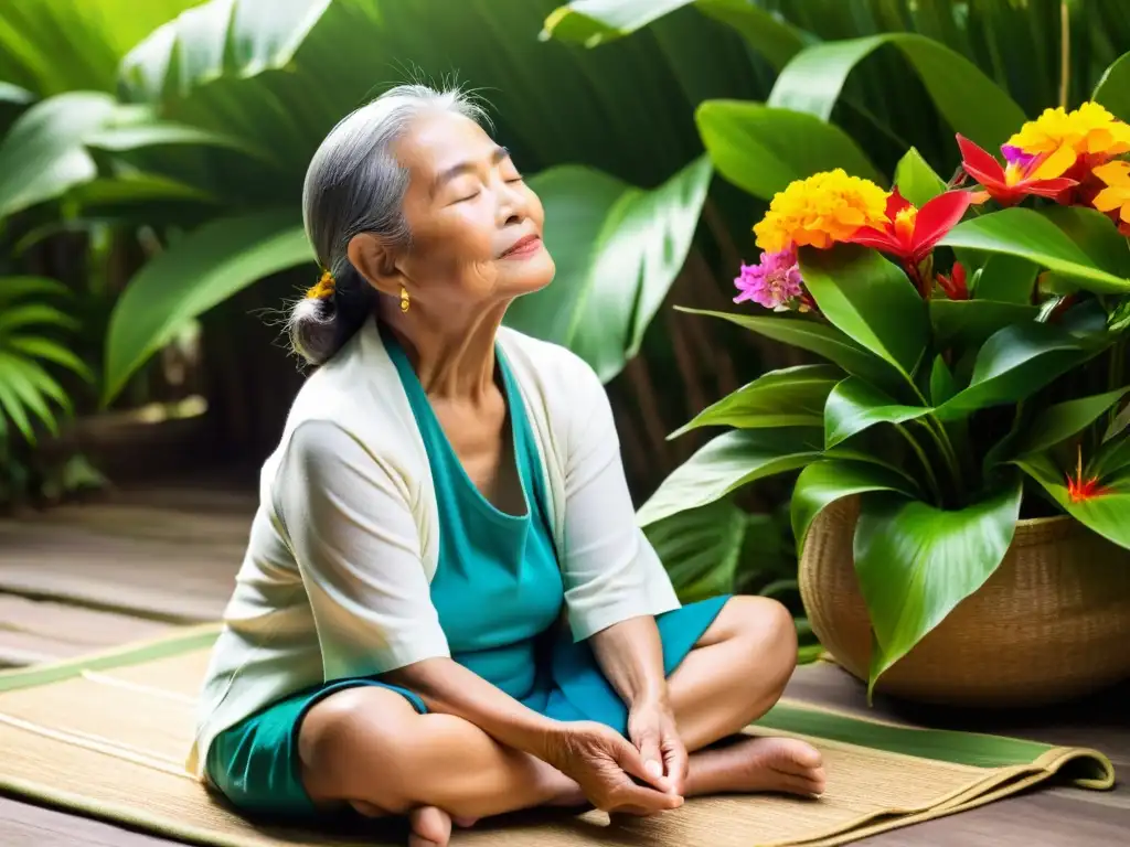 Una anciana okinawense practica un antiguo ritual de relajación entre exuberante vegetación y flores tropicales