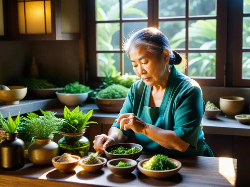 Una anciana okinawense prepara remedios herbales tradicionales en su cocina rústica, rodeada de hierbas frescas