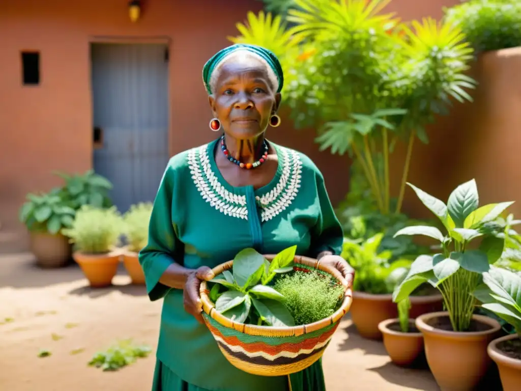 Una anciana en un patio soleado, lleva vestimenta africana y sostiene una canasta de hierbas