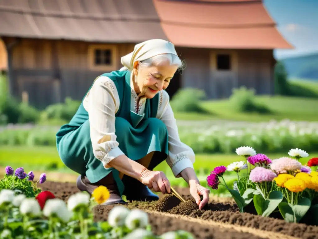 Una anciana polaca planta semillas con cuidado en un campo soleado, rodeada de vegetación exuberante y flores