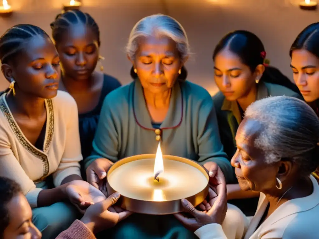 Una anciana dirige un ritual sanador rodeada por una comunidad con velas encendidas, resaltando la importancia de la comunidad en rituales de sanación