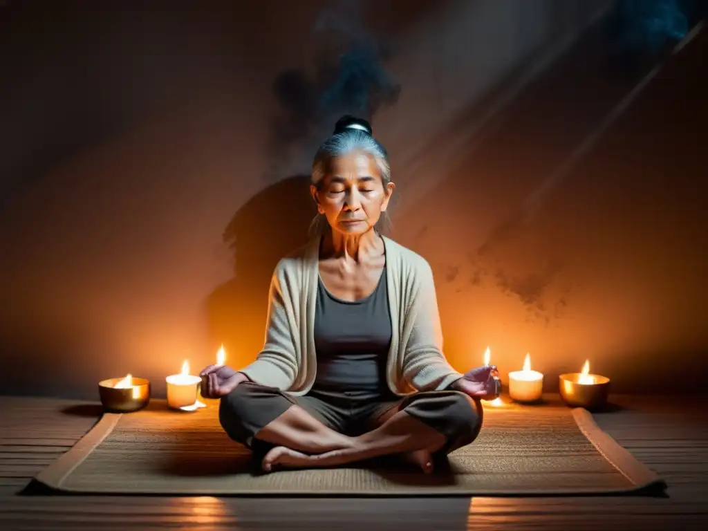 Una anciana medita rodeada de velas e incienso, usando una app de meditación