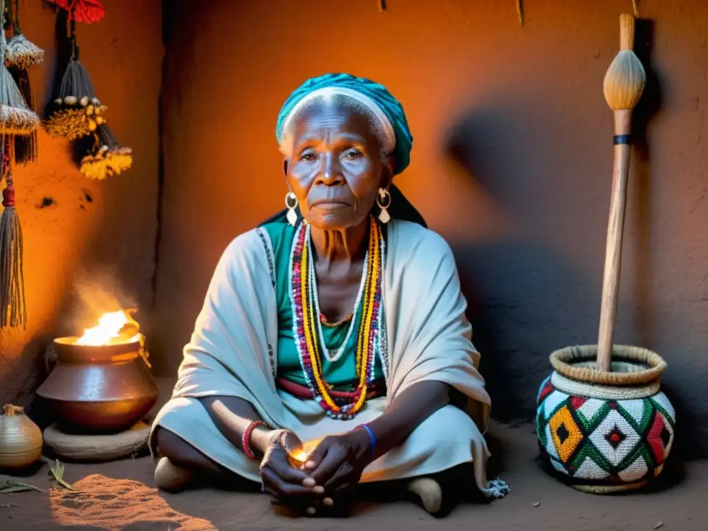 Una anciana Sangoma en su cabaña iluminada por velas, rodeada de hierbas y objetos rituales