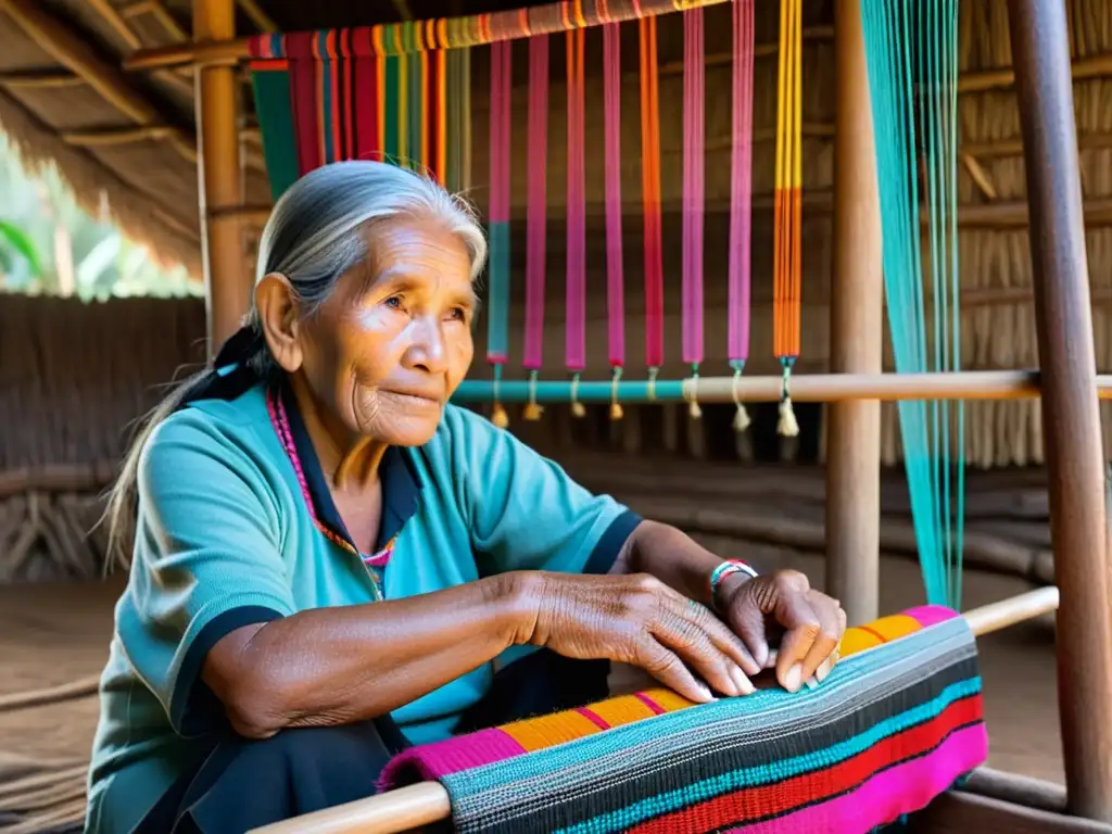 Una anciana de la tribu ShipiboConibo en la Amazonía peruana teje un textil vibrante con patrones geométricos