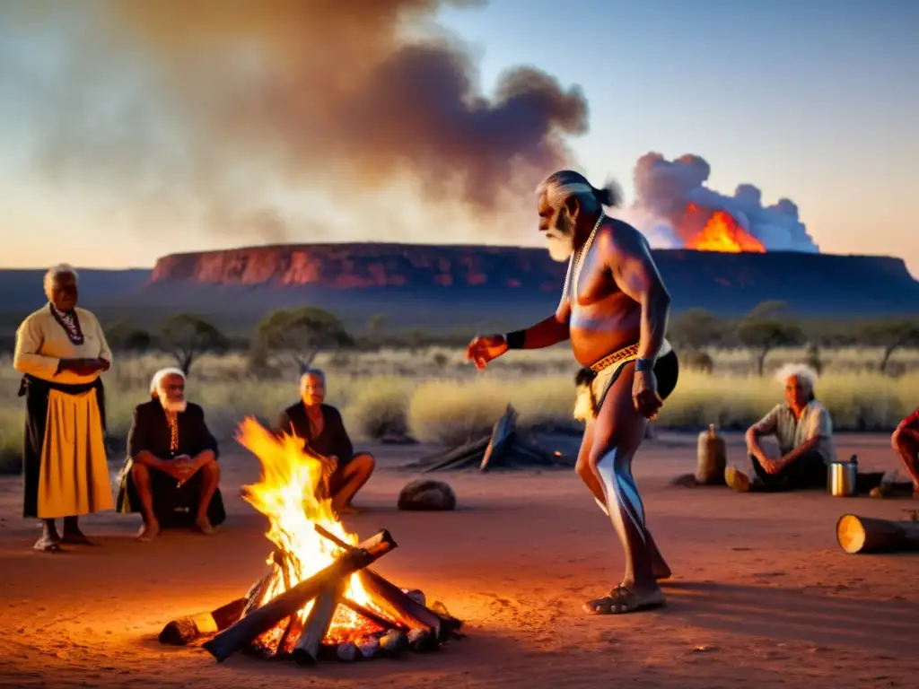 Un anciano aborigen australiano realiza un baile tradicional alrededor de una fogata, rodeado de espectadores y el vasto outback australiano