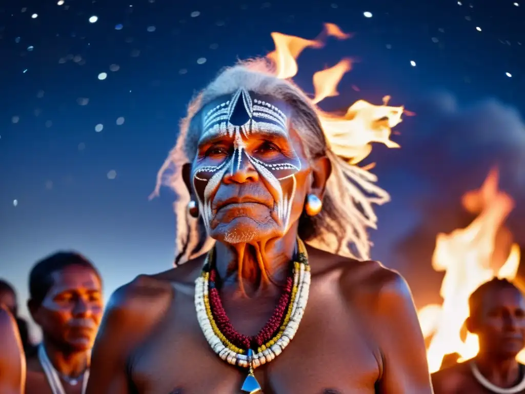 Un anciano aborigen realiza una danza sagrada junto a una fogata, rodeado de miembros de su tribu, en una noche estrellada