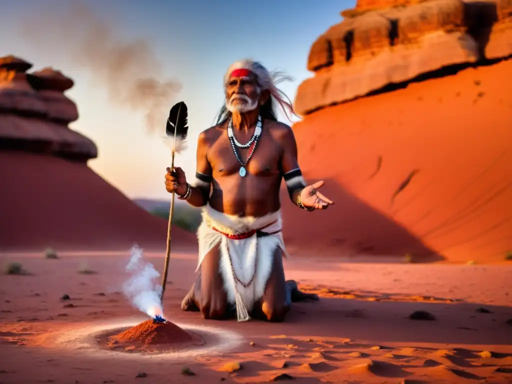 Un anciano aborigen descalzo en el desierto rojo, realizando un ritual con humo y plumas, emanando conexión territorial y espiritual