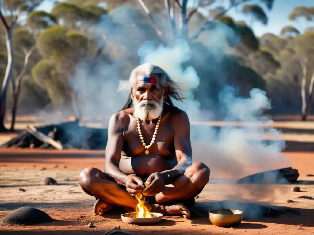 Un anciano aborigen realiza un ritual de purificación entre humo de hojas de eucalipto en paisaje australiano