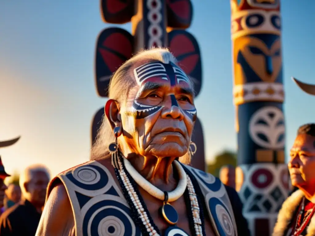 Un anciano aborigen realiza un ritual junto a un tótem con diseños de animales, rodeado de espectadores al atardecer