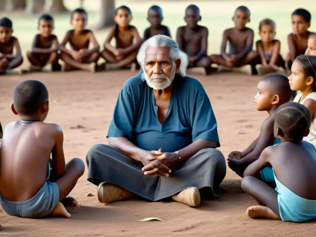 Un anciano aborigen transmitiendo sabiduría ancestral a niños, en un entorno natural al atardecer