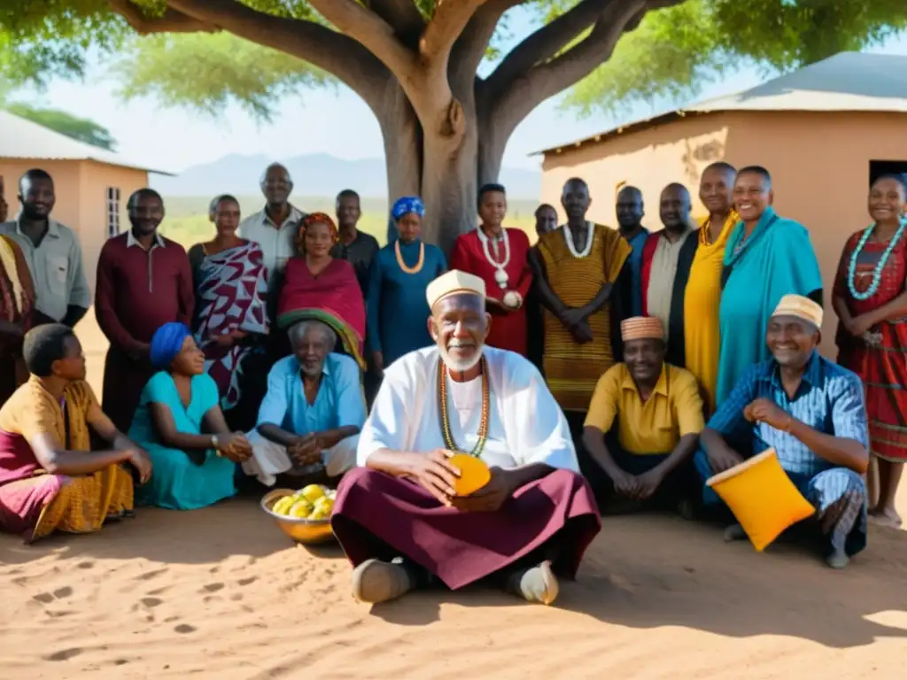 Un anciano africano participa en un ritual de jubilación rodeado de su comunidad bajo un árbol