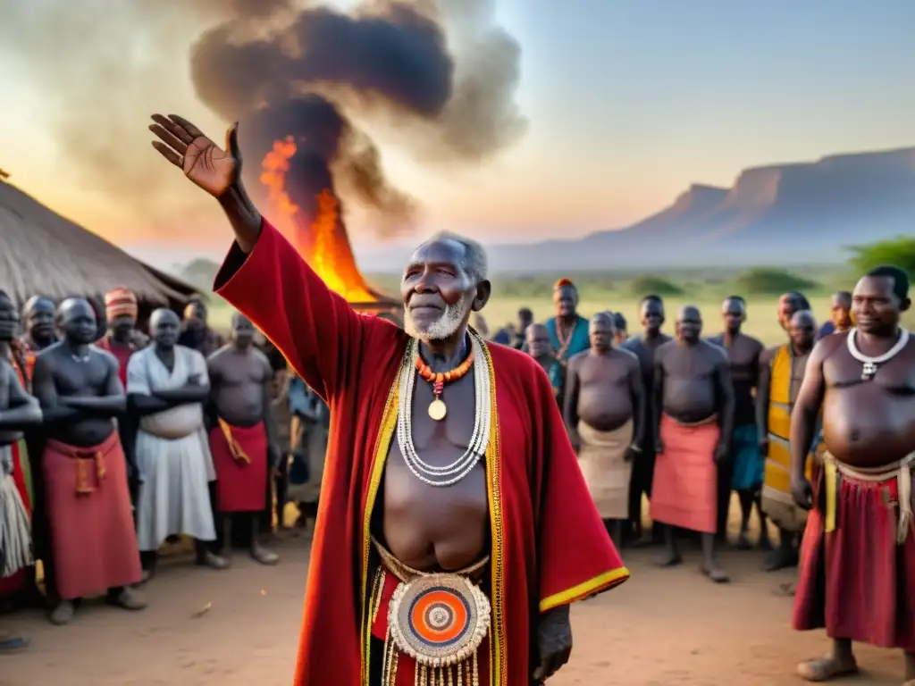 Un anciano chamán africano dirige un ritual de bendición y maldición, rodeado de aldeanos en África