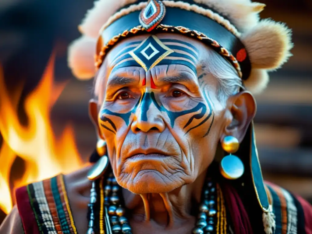 Un anciano chamán envuelto en prendas tradicionales, realiza un ritual sagrado junto al fuego, con una expresión de profunda reverencia