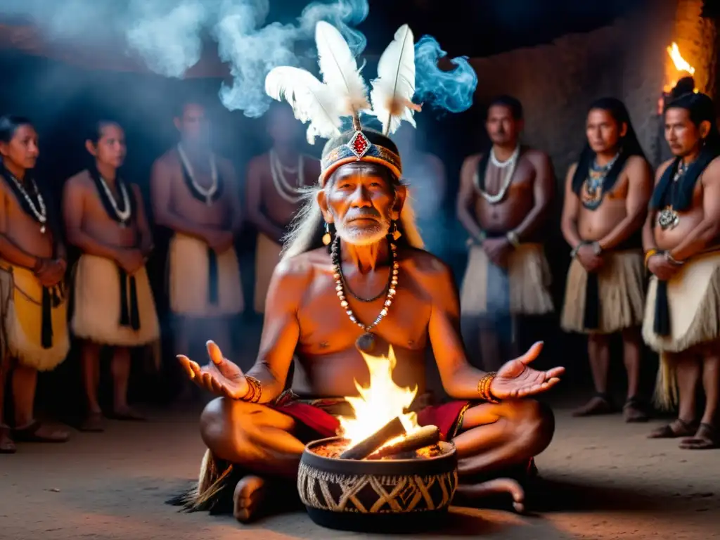 Un anciano chamán con rasgos curtidos y una corona de plumas canta frente al fuego en un místico taller de canto en rituales ancestrales