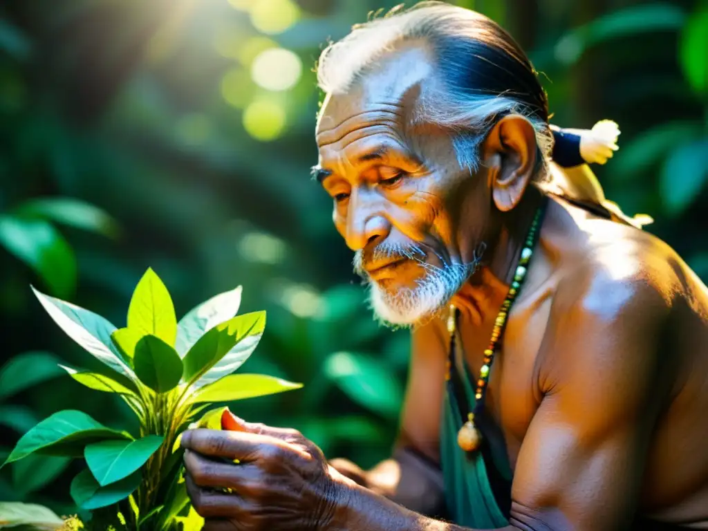 Un anciano chamán selecciona con reverencia hierbas medicinales en un exuberante bosque lluvioso