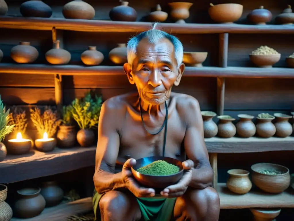 Un anciano chamán realiza un ritual de curación Kongo en una choza iluminada por velas, rodeado de hierbas y plantas secas