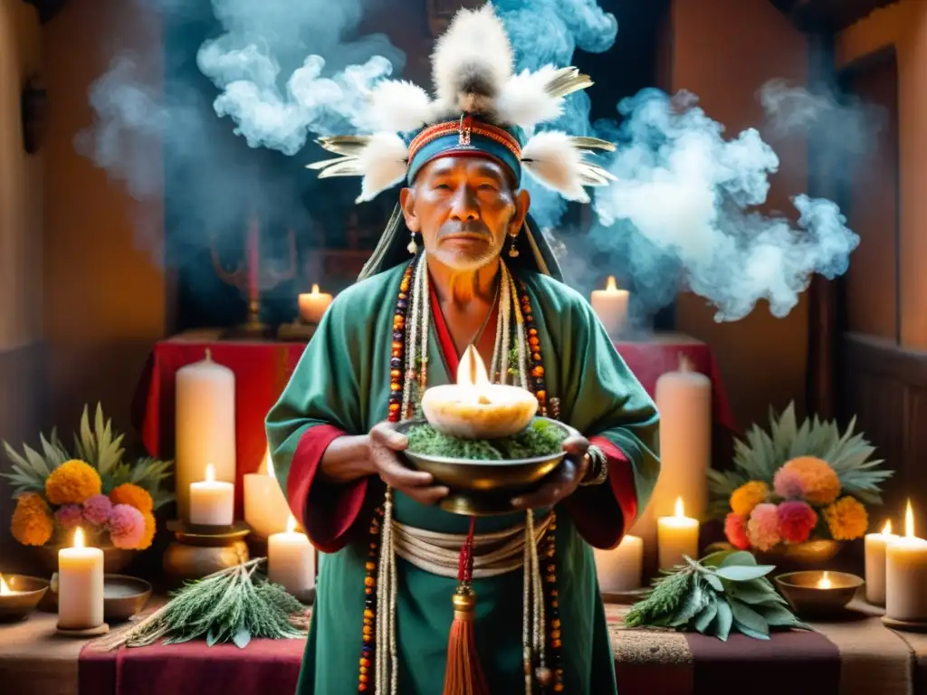 Un anciano chamán realiza un ritual de limpieza rodeado de velas y hierbas aromáticas en un altar decorado