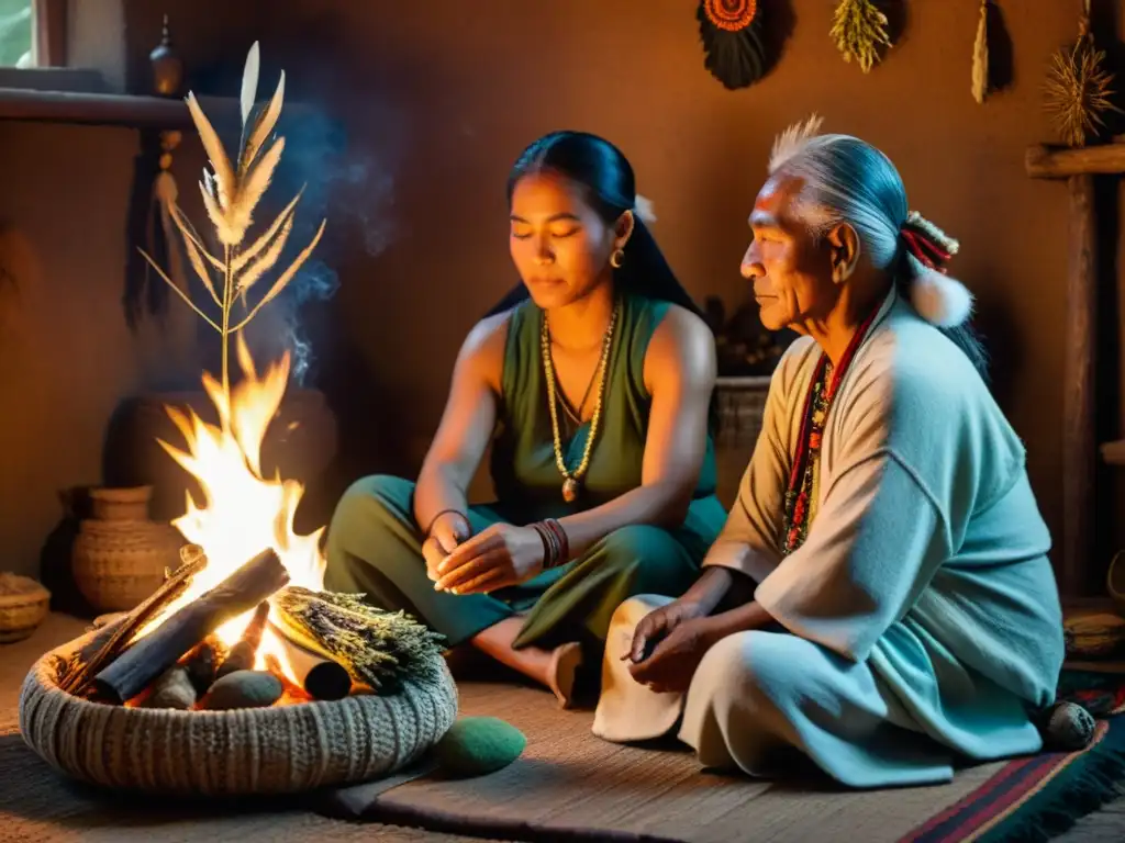 Un anciano chamán realiza un ritual de limpieza espiritual a una joven junto al fuego, rodeados de hierbas y objetos sagrados