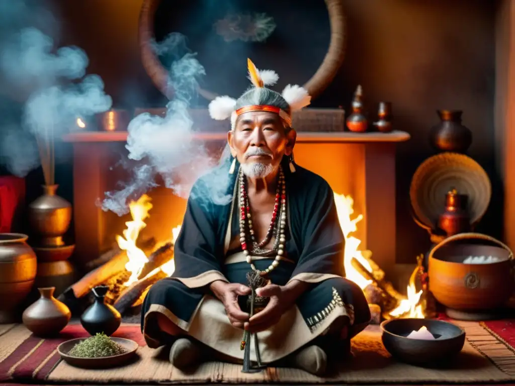 Un anciano chamán realiza un ritual de prosperidad tradicional, rodeado de hierbas y objetos rituales, con el fuego crepitante iluminando su rostro