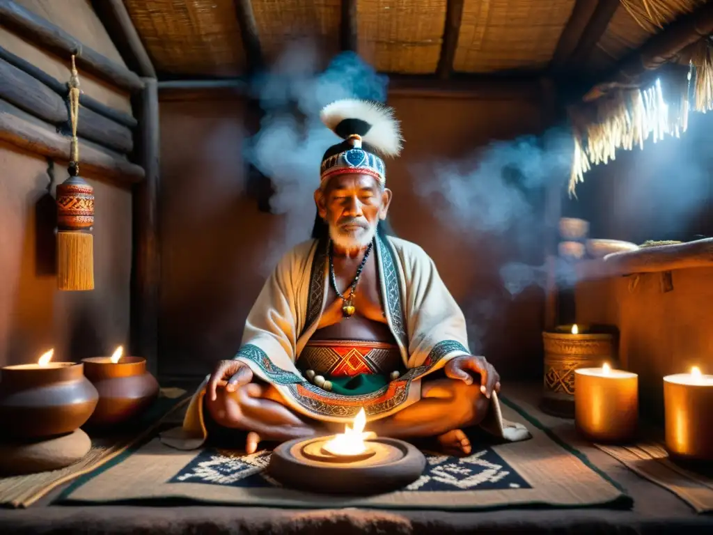 Un anciano chamán realiza un ritual de sanación en una cabaña iluminada por velas, creando una atmósfera de misticismo y poder espiritual