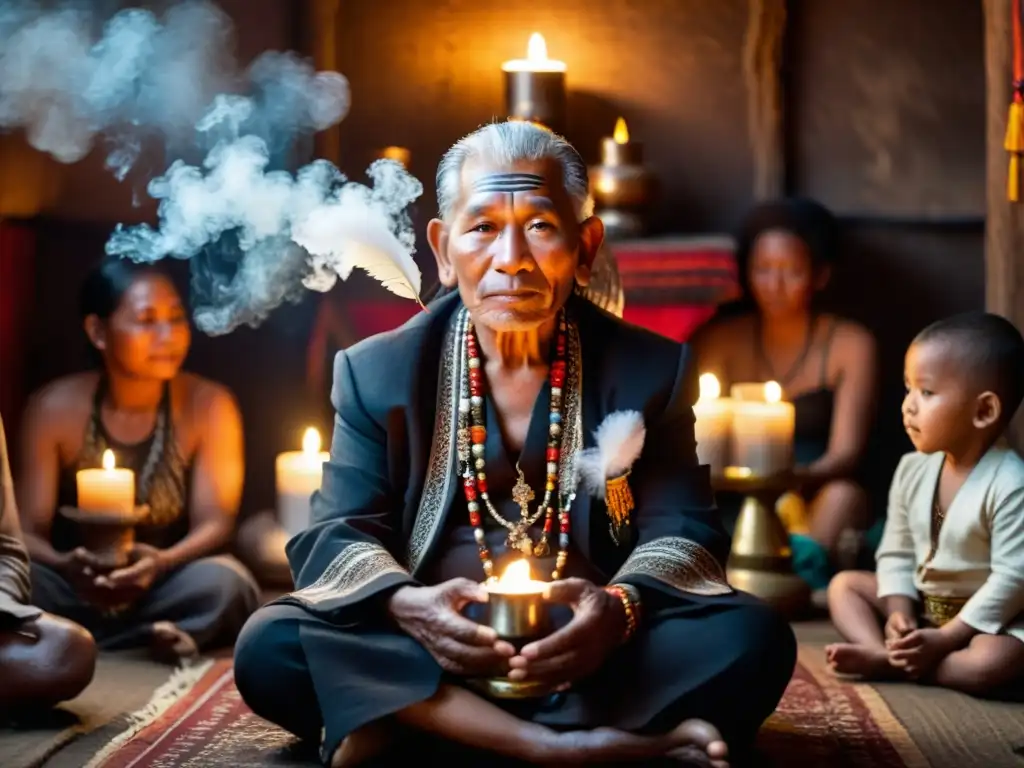 Un anciano chamán realiza rituales de sanación en un ambiente contemporáneo, guiando a un grupo diverso en un círculo de aprendizaje y reverencia