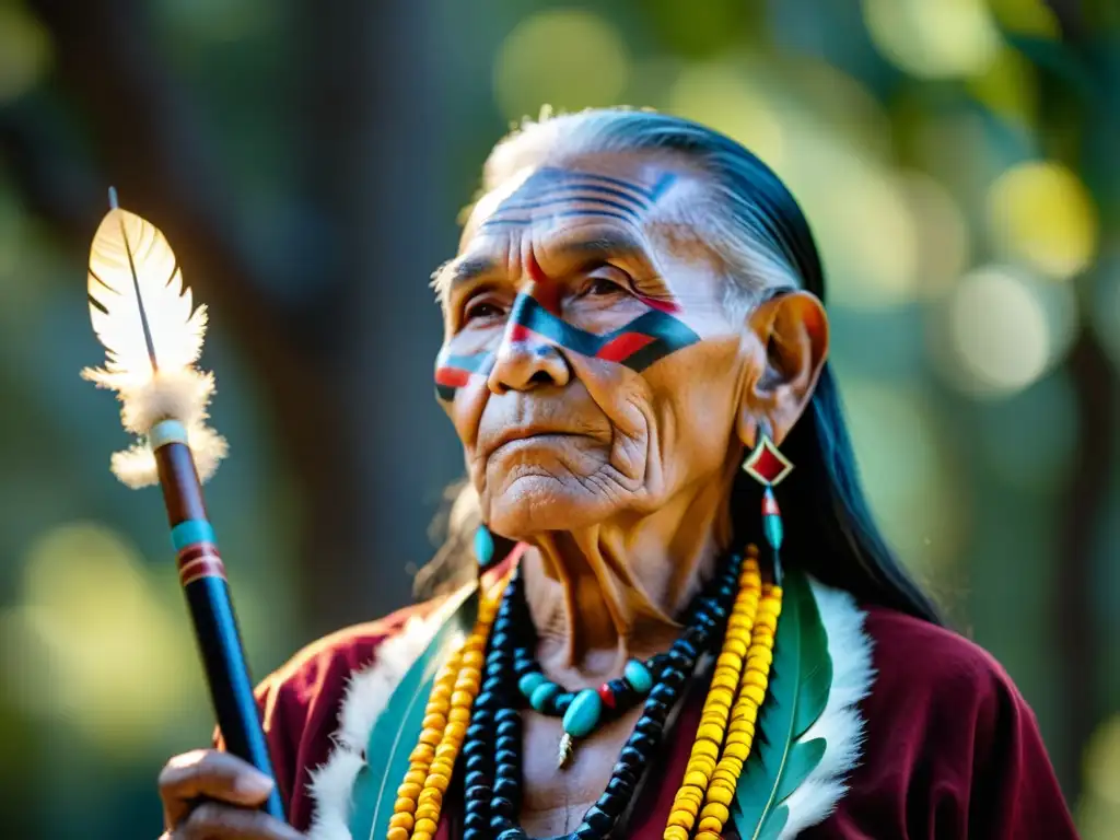 Un anciano Cherokee sostiene con reverencia una pipa de la paz adornada, con detalles tallados y plumas coloridas