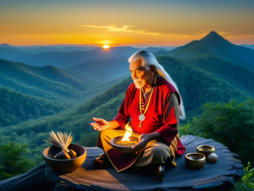 Un anciano Cherokee realiza un ritual espiritual al atardecer en las Montañas Humeantes, conectando con la naturaleza