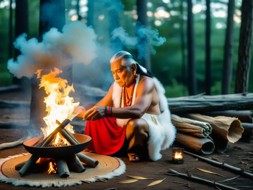 Un anciano Cherokee realiza un ritual espiritual en el bosque, rodeado de elementos sagrados